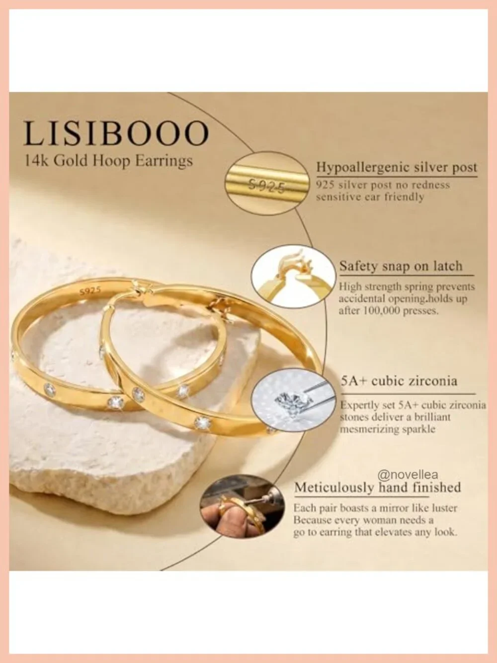 14K Gold Plated Hoop Earrings for Women CZ 30-60MM Hypoallergenic Lightweight